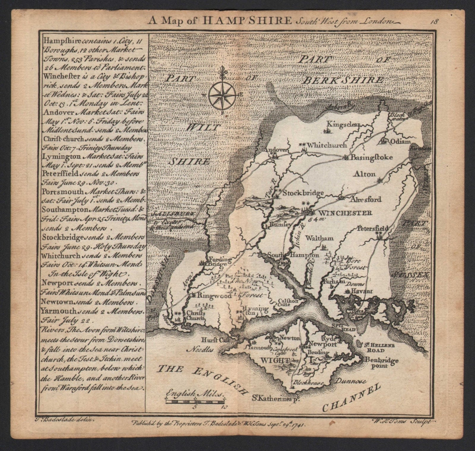 Antique county map of Hampshire by Badeslade & Toms 1742 old chart